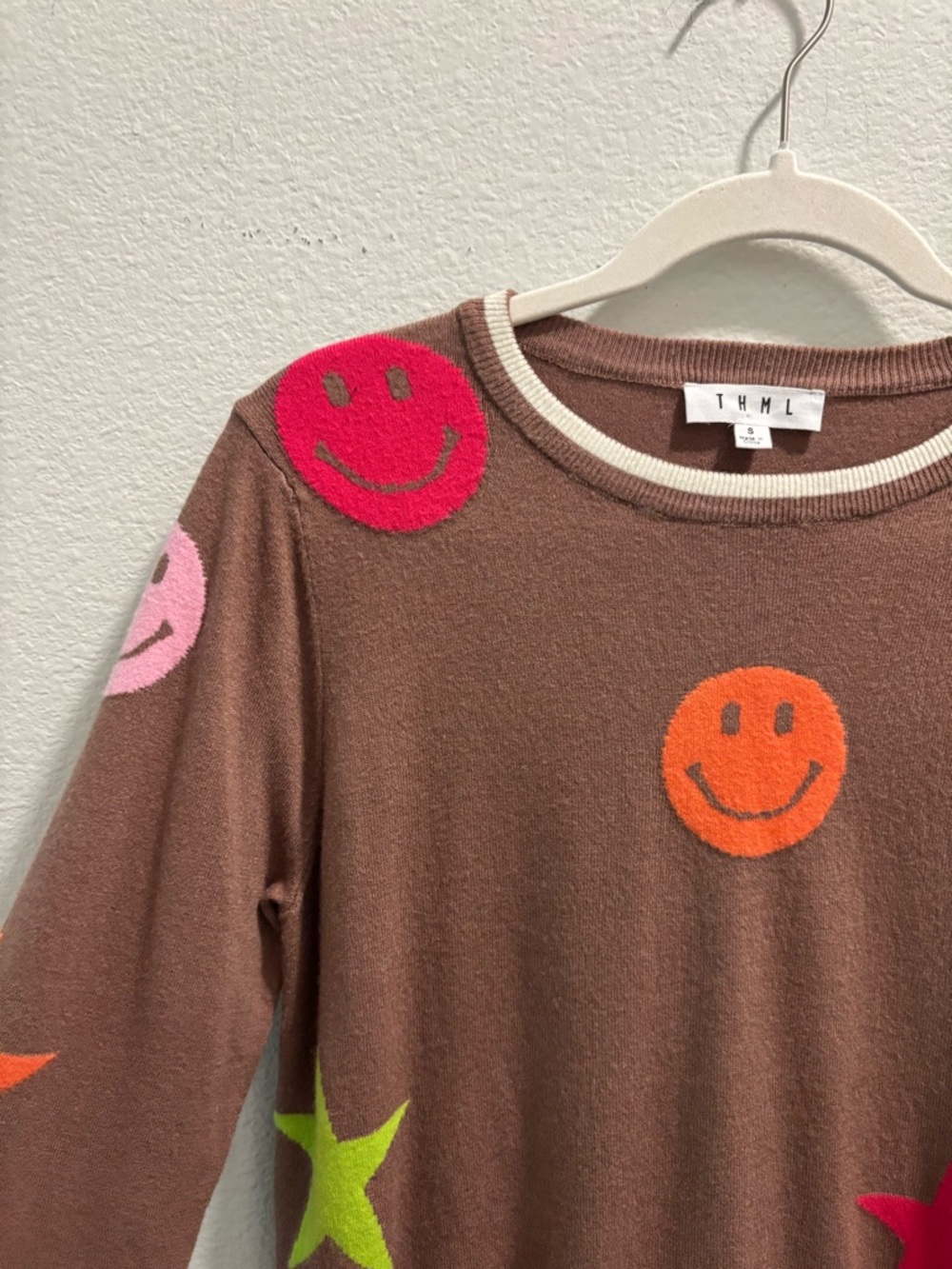 THML Brown Smiley & Star Crewneck Sweater, size S - Picture 2 of 6